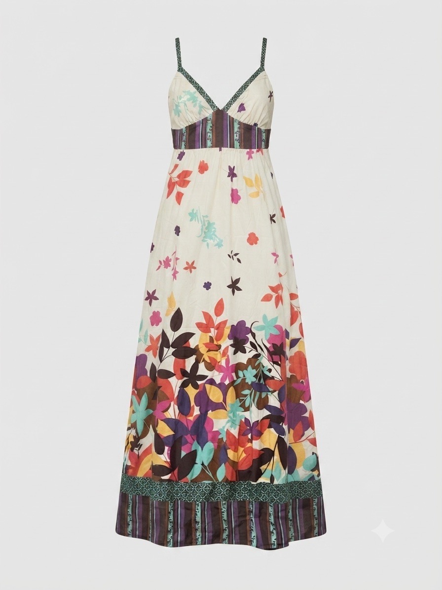 New Look Cream Floral Multi-Coloured Boho Empire Cotton Maxi Dress - UK 8