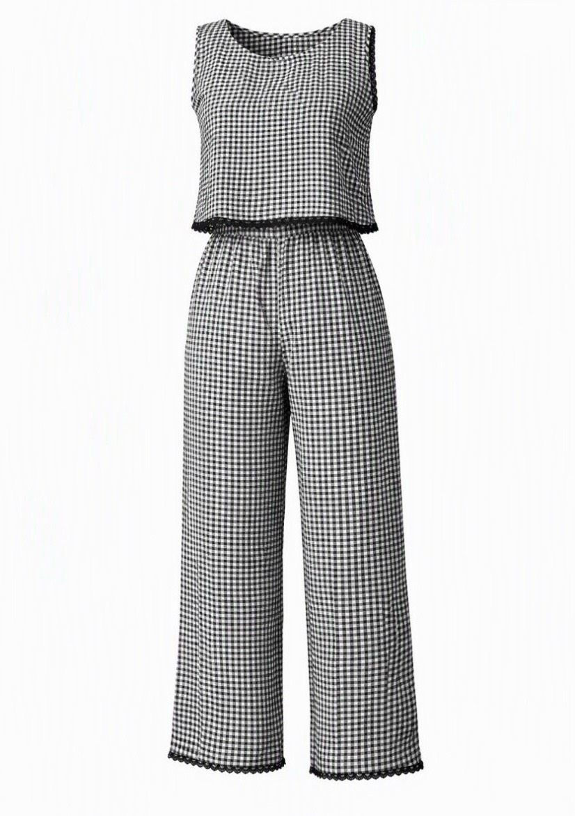 V&T Gingham Sleeveless Crop Top & Wide‑Leg Pants Coord Set - UK M (10/12)