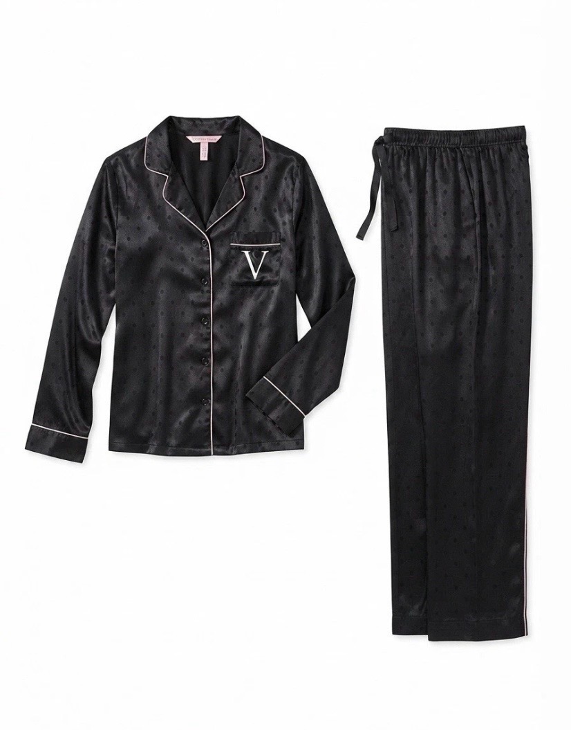 Victoria's Secret Black Satin Polka Dot Button Down Pyjama PJ Set - UK M (12/14)