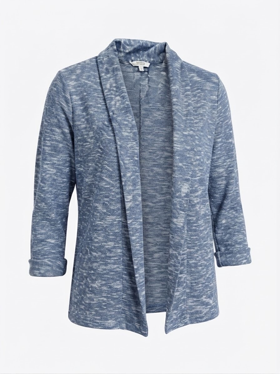 FatFace Blue White Marled Cotton 3/4 Sleeve Open Front Blazer Jacket - UK 10
