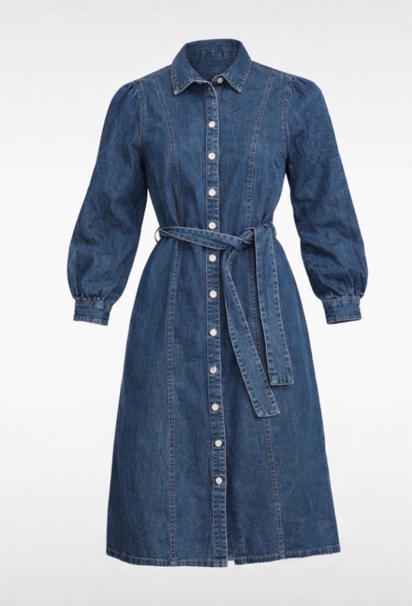 Dorothy Perkins Denim Blue Cotton Belted Button-Up Midi Shirt Dress - UK 10