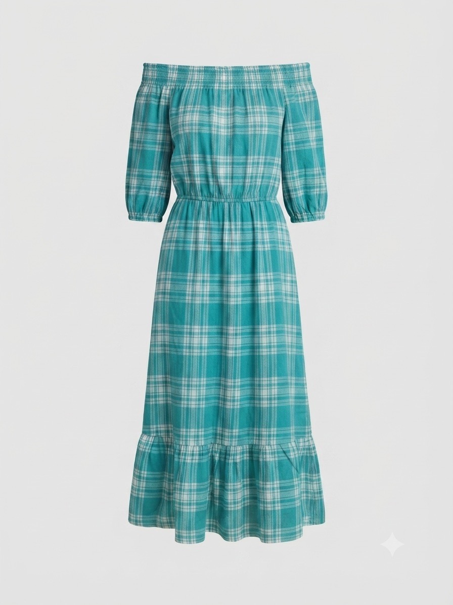 Next Turquoise Linen Blend Check Off‑Shoulder Boho Long Dress - UK 12