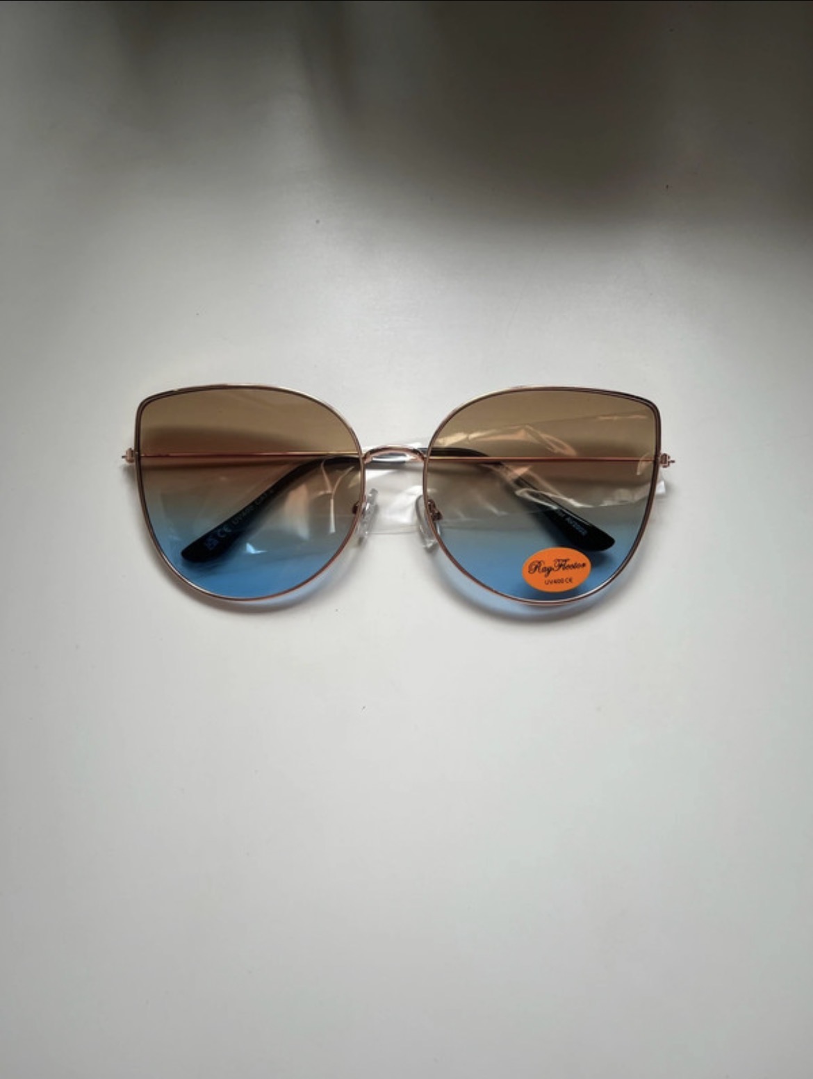 Oversized Cat Eye Sunglasses Women's Gold Metal Frame Brown Blue Gradient Lens Festival Style