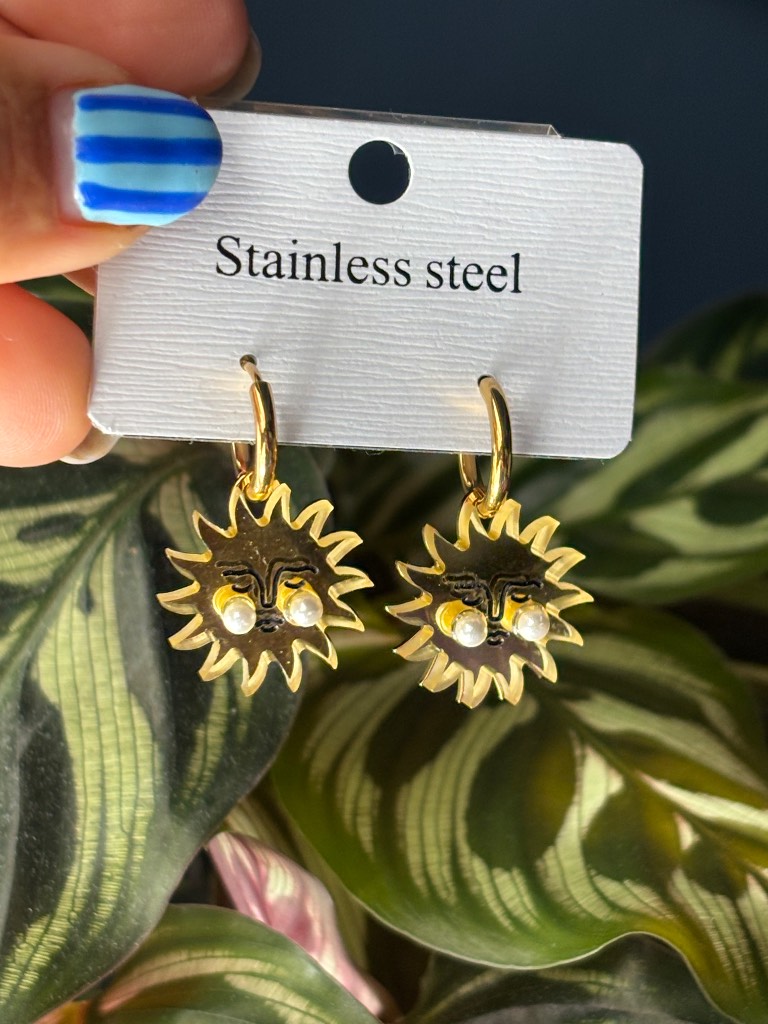 Gold Sun Charm Hoop Earrings