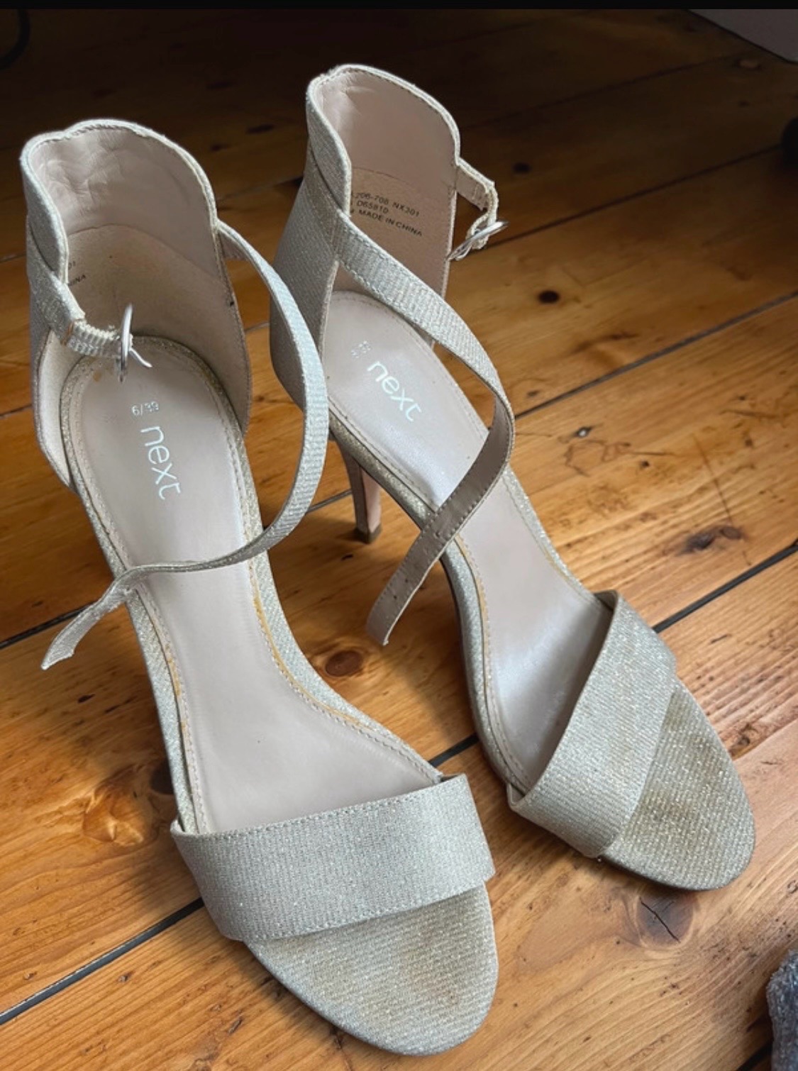 Next Sparkle Silver/Gold Champagne Glitter Stiletto Ankle Strap High Heels - Size 6
