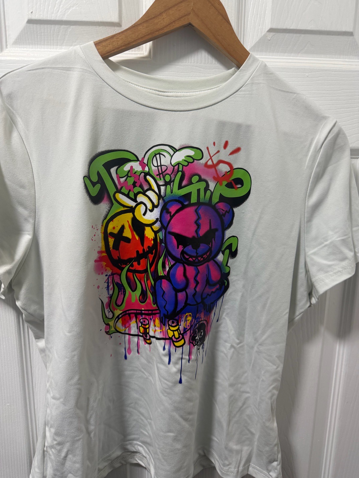 SHEIN Curve 2XL White T-Shirt - Graffiti Evil Teddy Bear & Skull Print | Streetwear / Skater / Urban