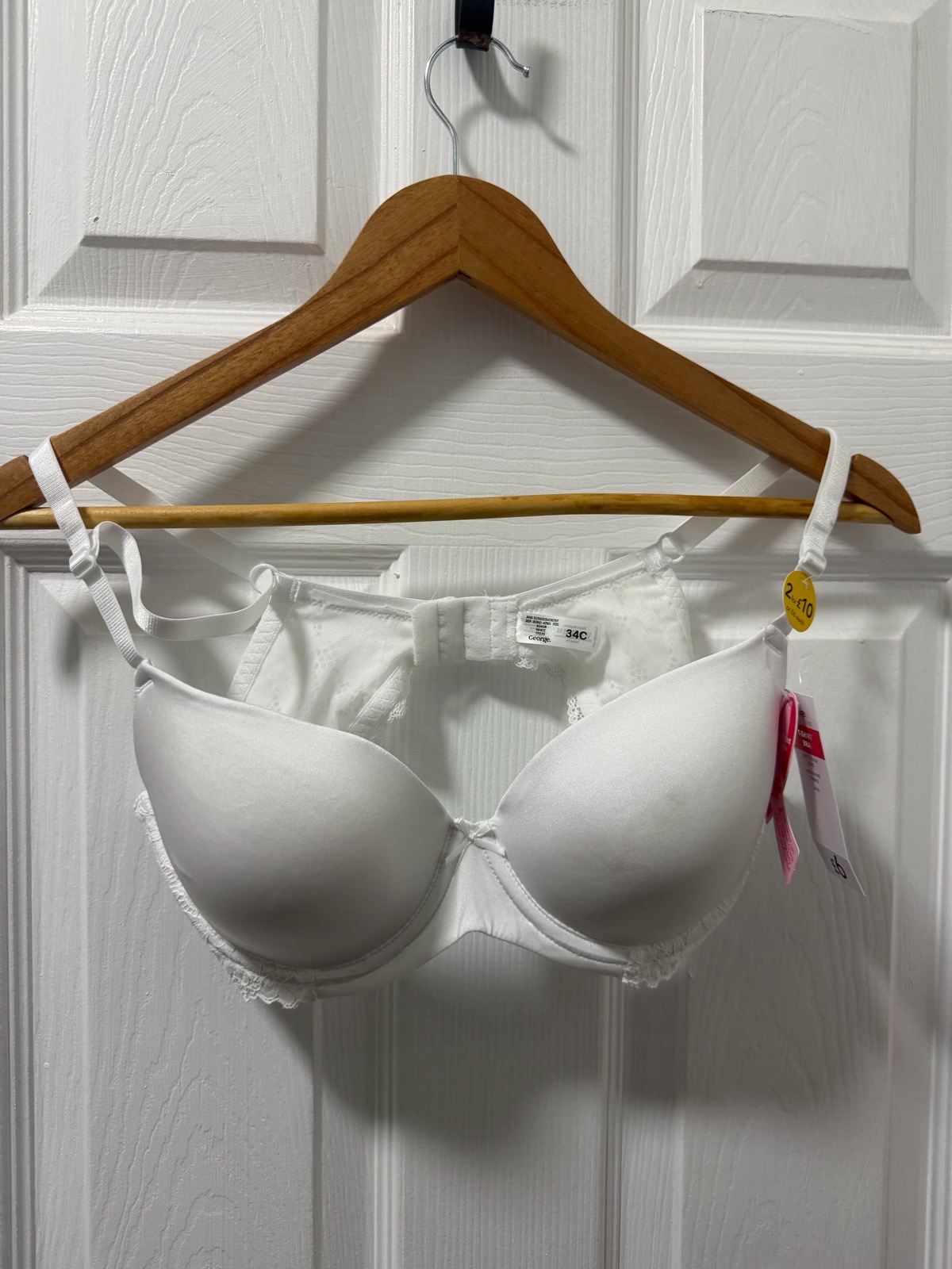 George White T-Shirt Bra 34C Underwired Padded Lace Trim - Brand New