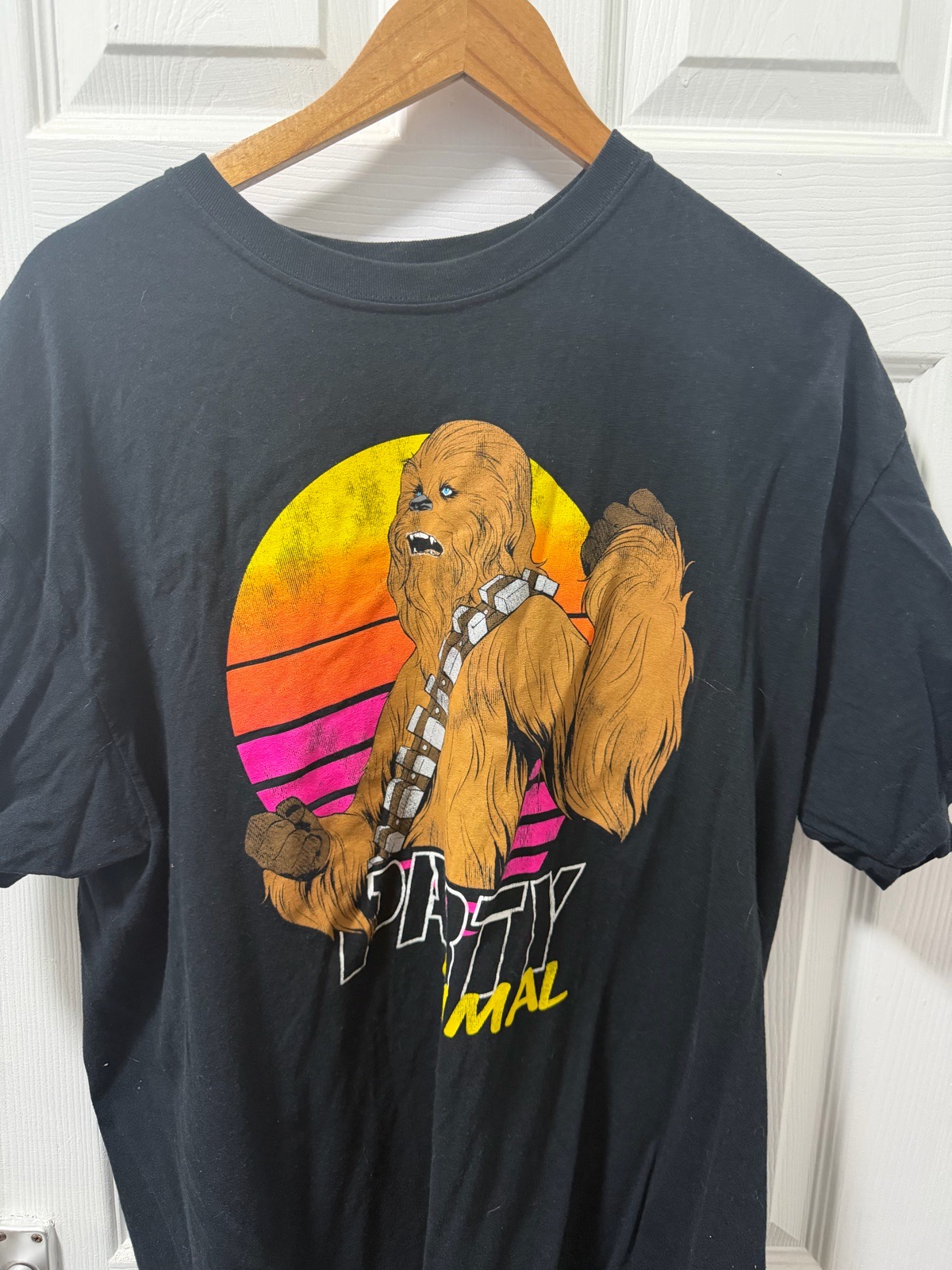 Official Star Wars Chewbacca "Party Animal" Black T-Shirt - Retro Sunset Print | Size XL