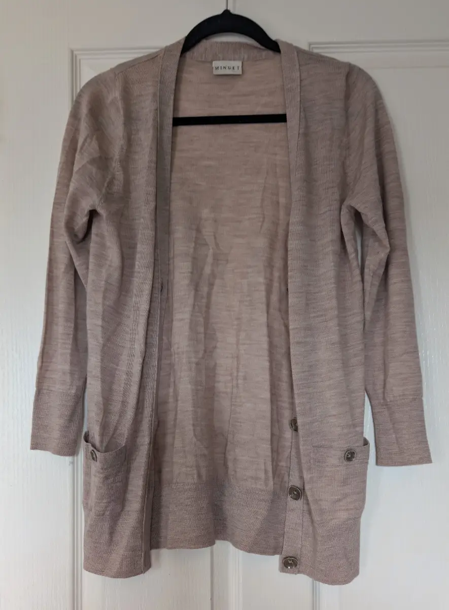 MINUET 100% Merino Wool Cardigan | Size 10 Taupe Oatmeal Longline Open Front Knit