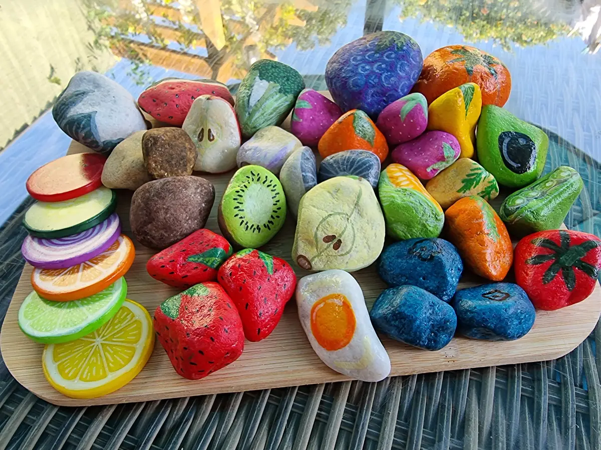40 + parts Mud kitchen fruit and veg stones hand painted and sealed