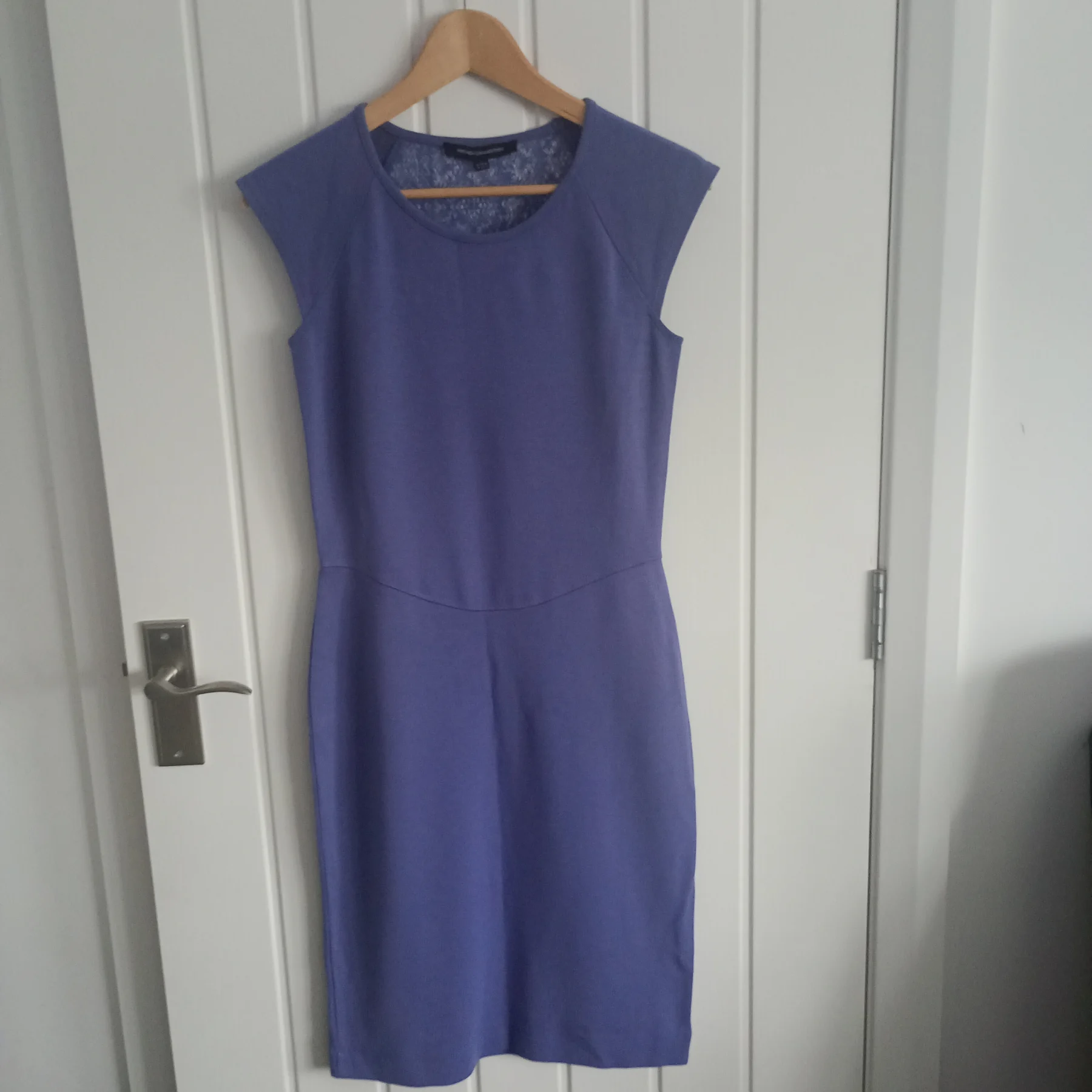 French Connection Cornflower Blue Lace Back wedding guest clean girl elegant midi viscose Dress 14