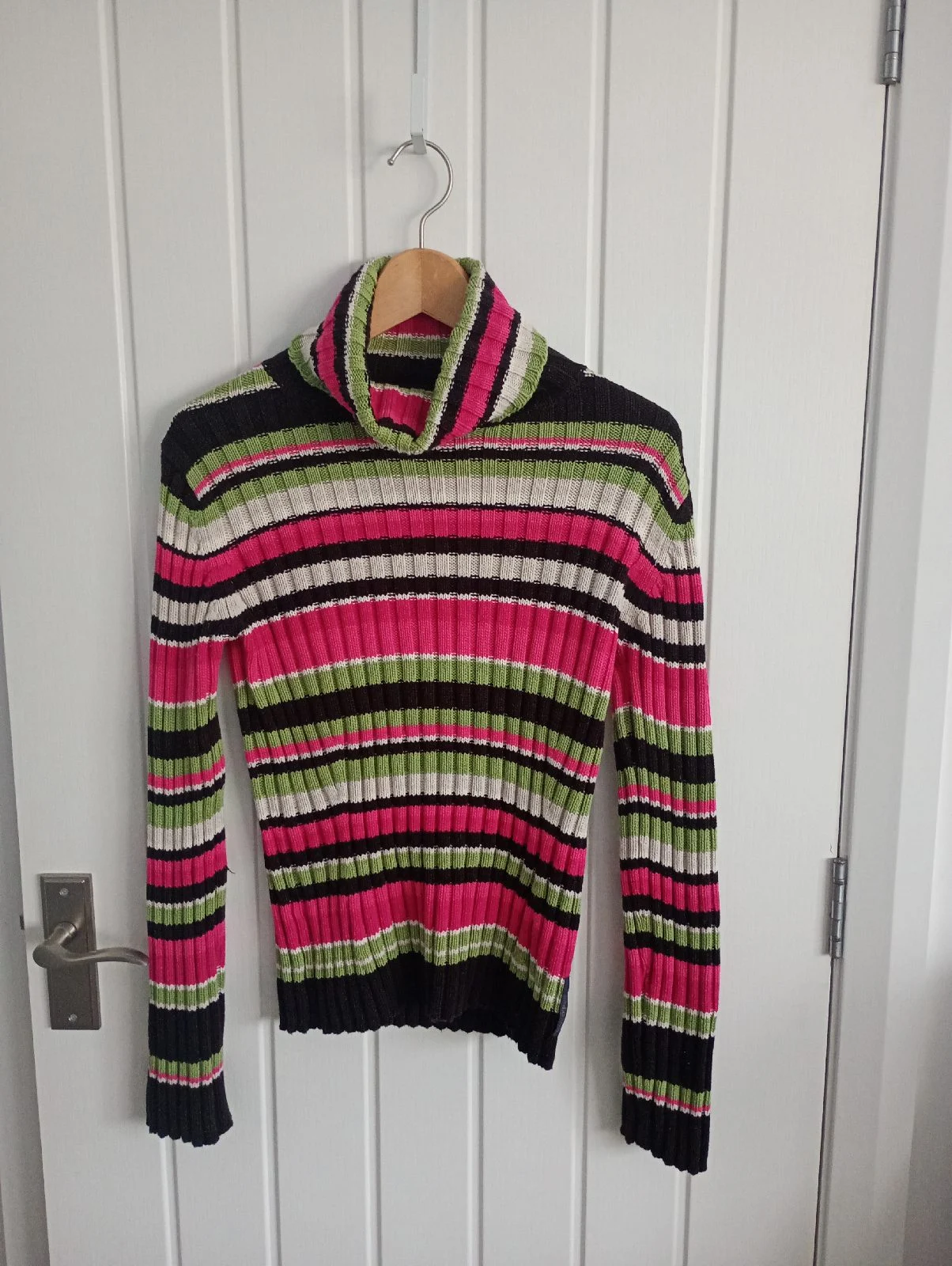 Vintage Marc O'Polo 100% Cotton Ribbed Striped turtleneck hot pink brown lime Jumper size 10