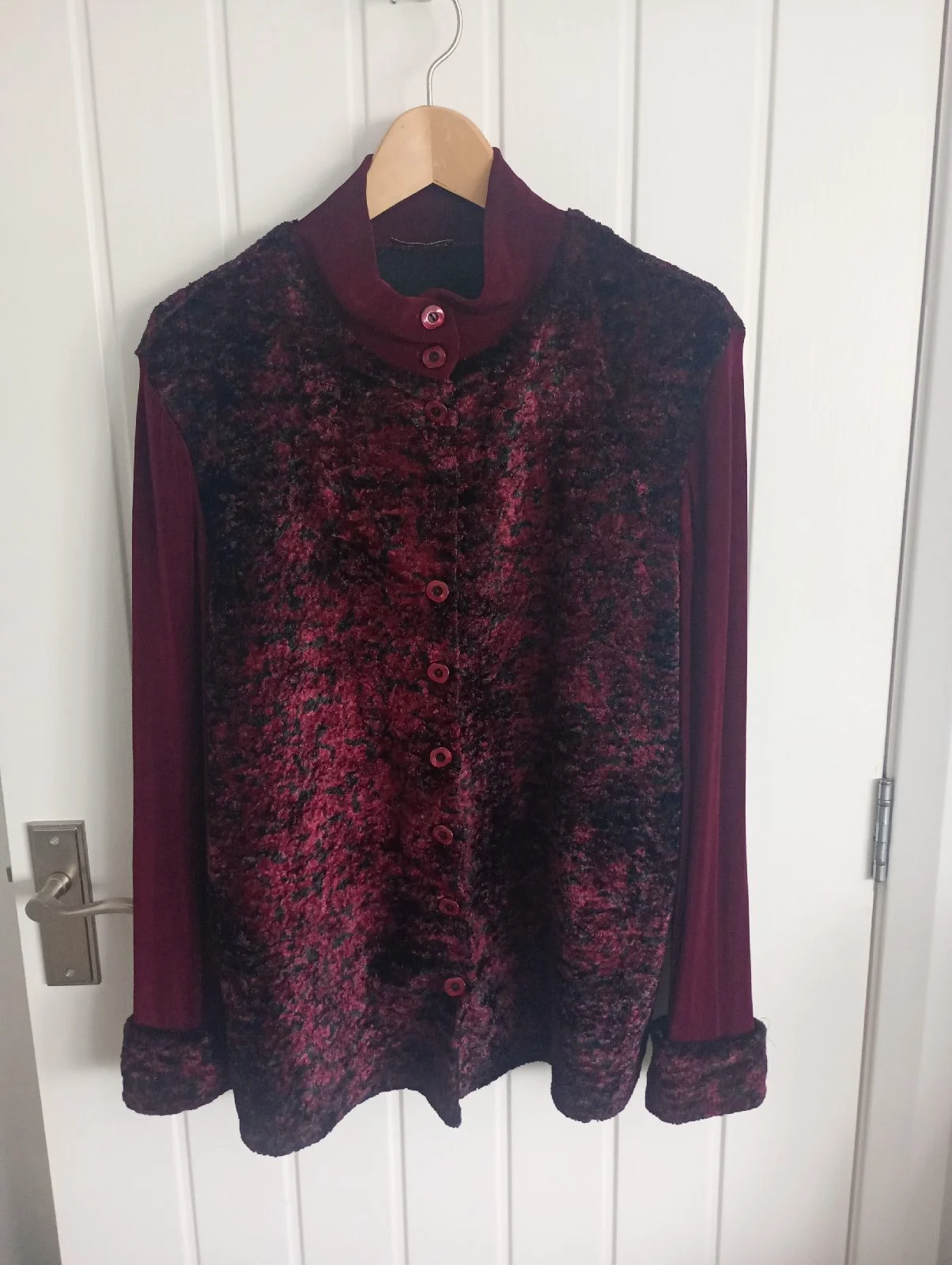 Vintage y2k Kim & Co Burgundy Velvet Bouclé Button mandarin collar Whimsigoth fairygrunge Jacket 12