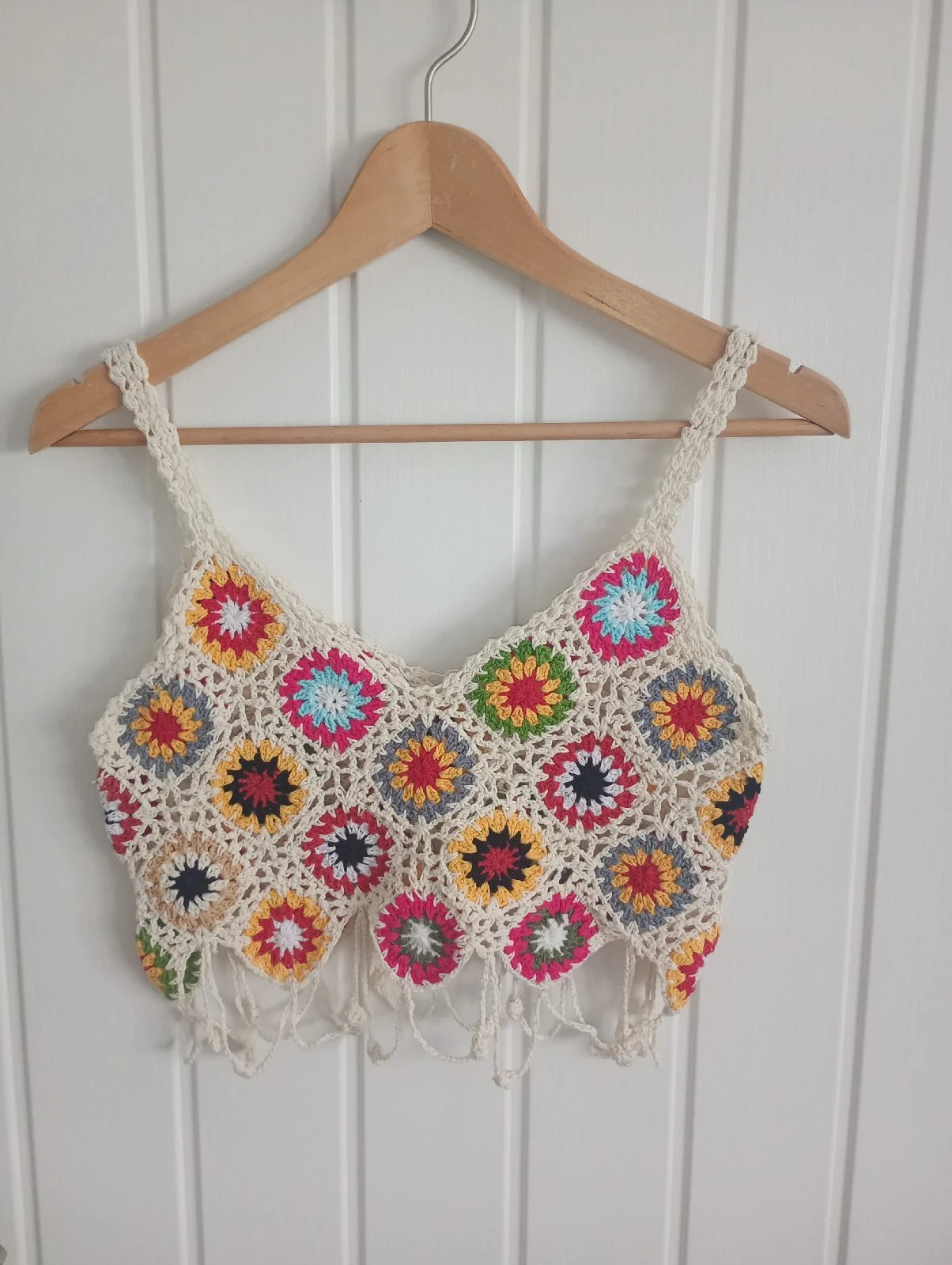 Colorful Crochet boho festival summer cotton Granny Square tassel spaghetti straps Crop Top Size S