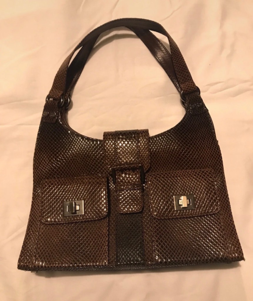 Designer Stuart Weitzman for Russell & Bromley brown mock croc double handled handbag.