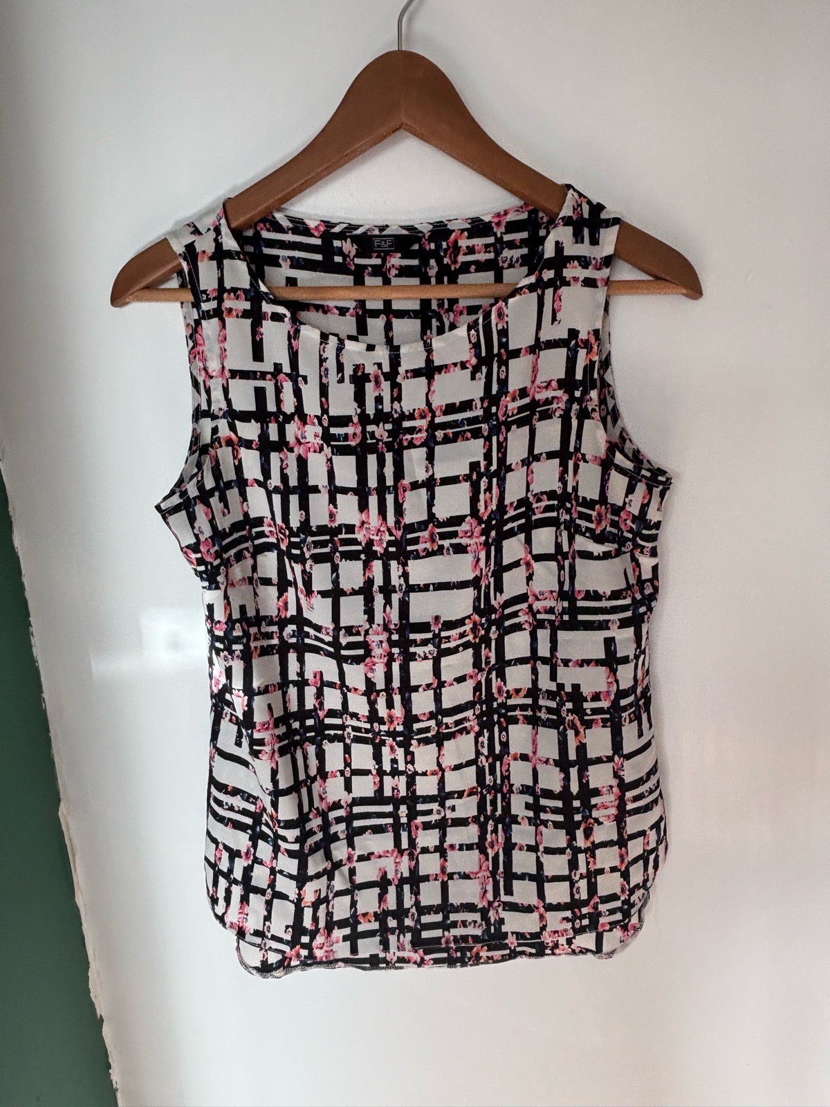 F&F size 8 pink black and white check floral sleeveless vest top