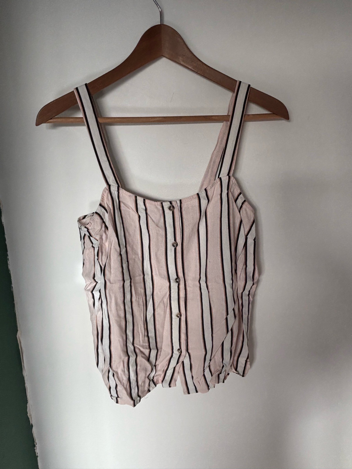 New Look size 8 light pastel pink white black cami top with buttons 50% linen  - summer holiday