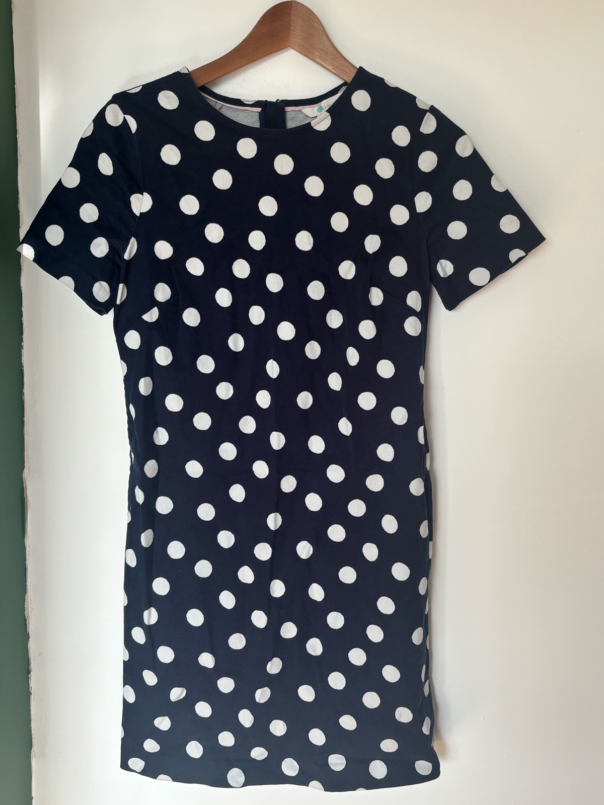 Boden size 10 navy and white short sleeve polka dot spotty mini dress