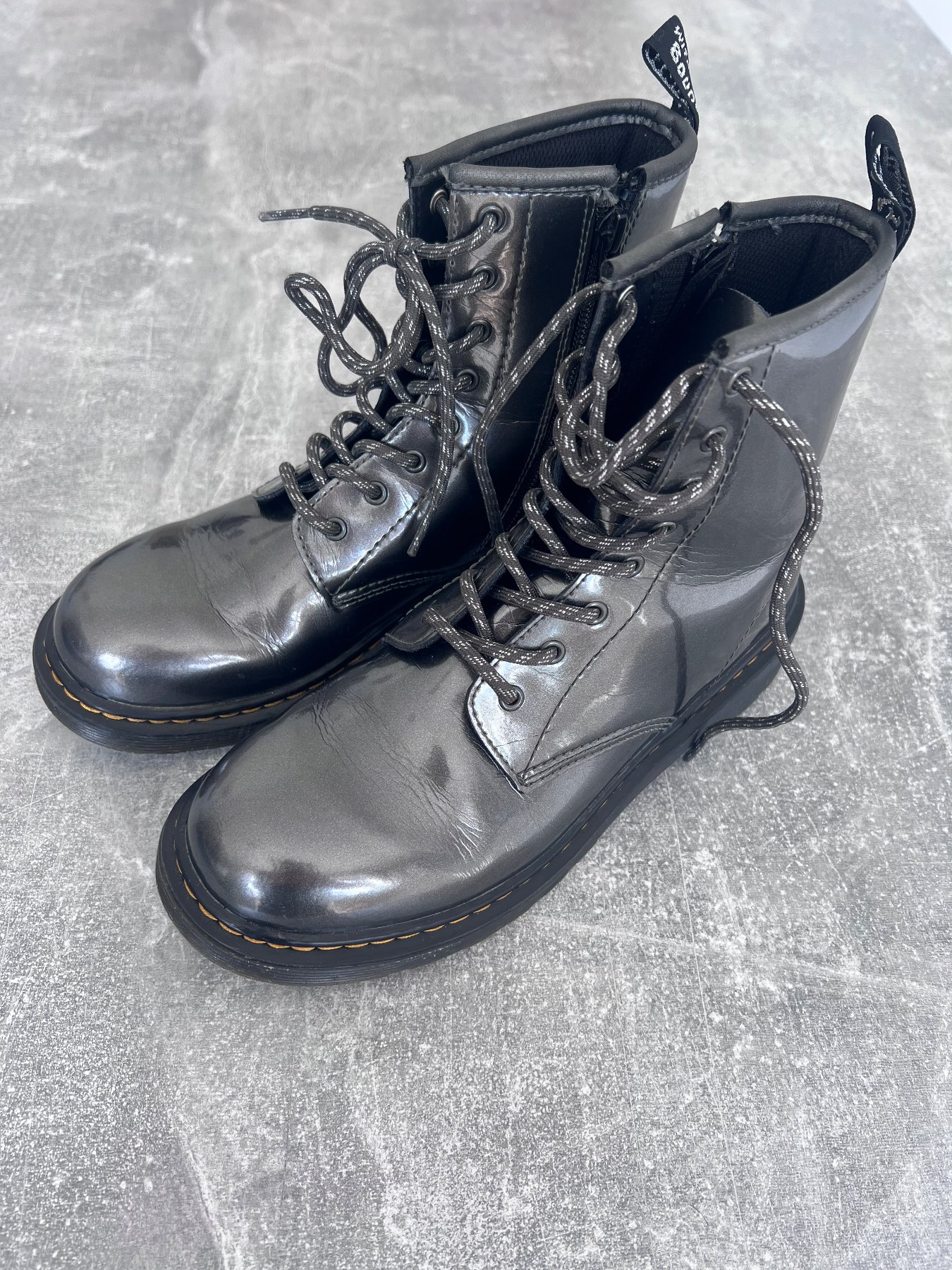 Dr Martens 1460 Y Metallic Grey Patent Boots UK 4 EU 37 Lace Up Side Zip