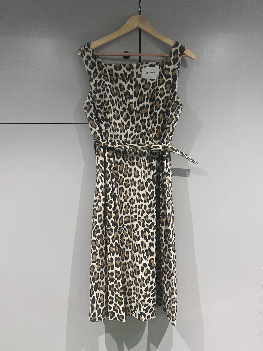 L.K. Bennett Giovanna Leopard Print Belted Midi Dress UK 10 Cotton