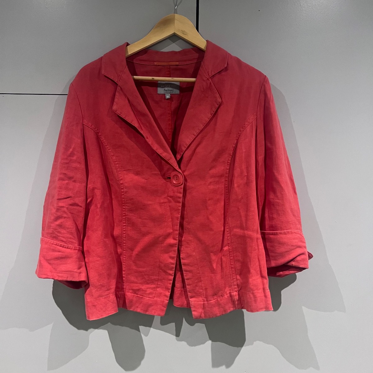Per Una Old School Pure Linen Coral Red Blazer Jacket UK 18 3/4 Sleeve Smart Casual