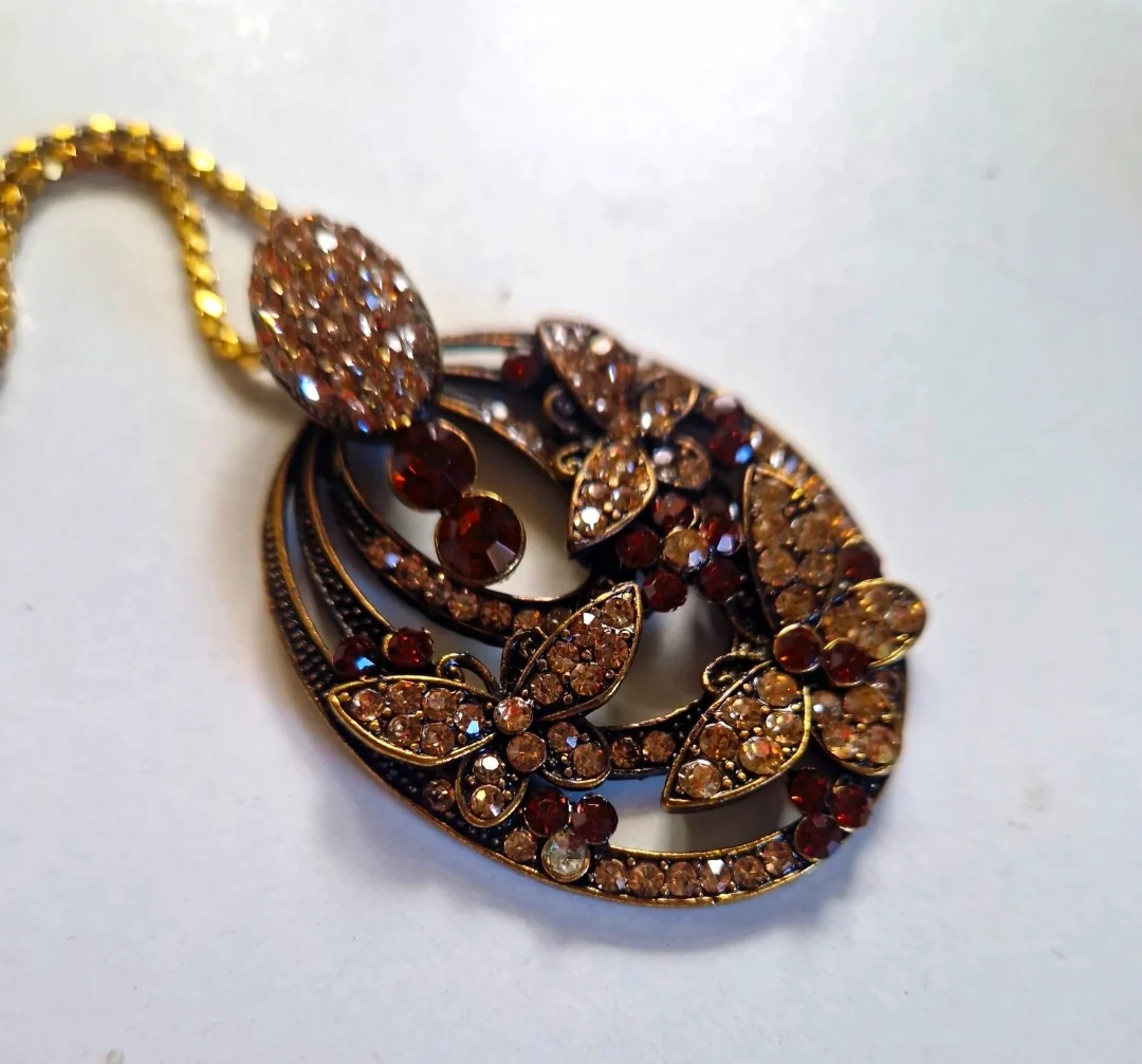 Vintage Style Bronze Tone Necklace  Oval Butterfly Pendant Amber Brown Crystals