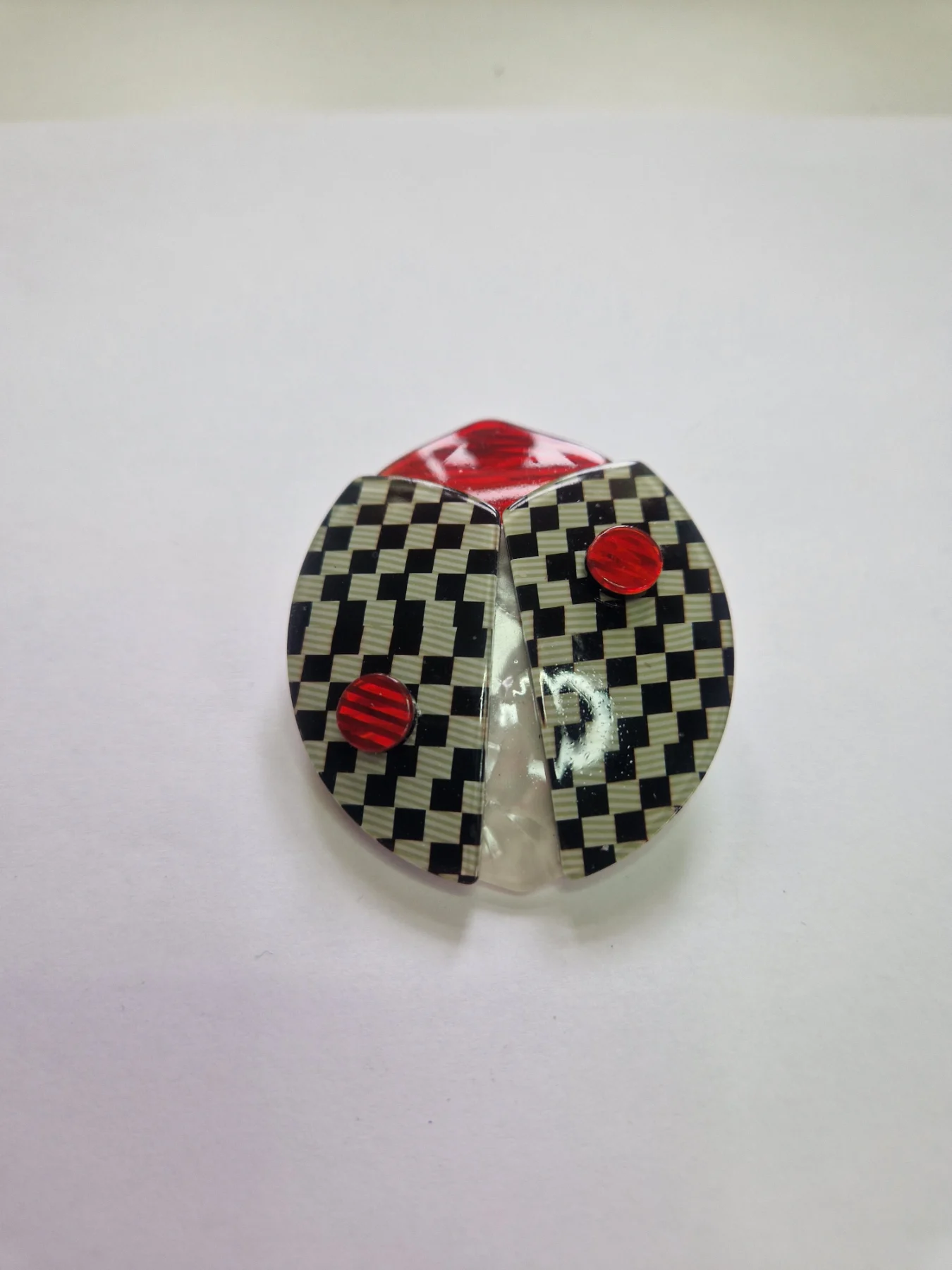 Art Deco Geometric Brooch — Black, White & Red Checkerboard