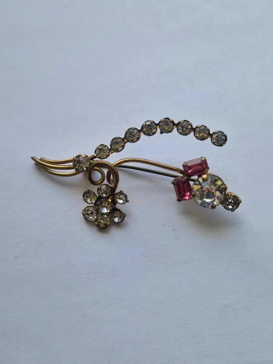 Vintage Floral Spray Brooch | Gold Tone | Pink & Clear Sparkling Rhinestones