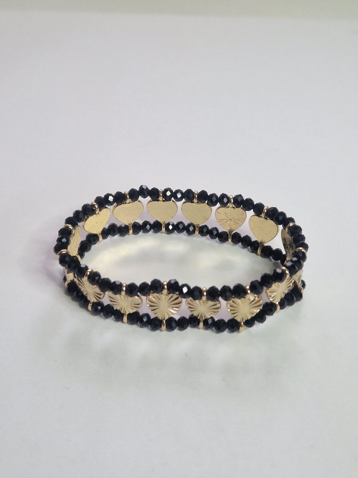 Double Row Black Faceted Bead Bracelet Gold Tone Heart Detail Elasticated Elegant