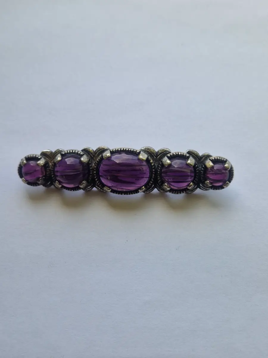 Vintage Style Bar Brooch | 5 Graduated Purple Cabochon Stones | Antiqued Silver Tone