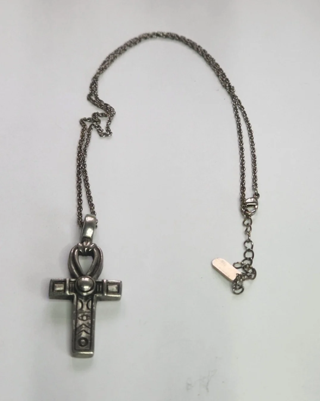 Egyptian Ankh Pendant Necklace Silver Tone Hieroglyphic Symbols Key of Life