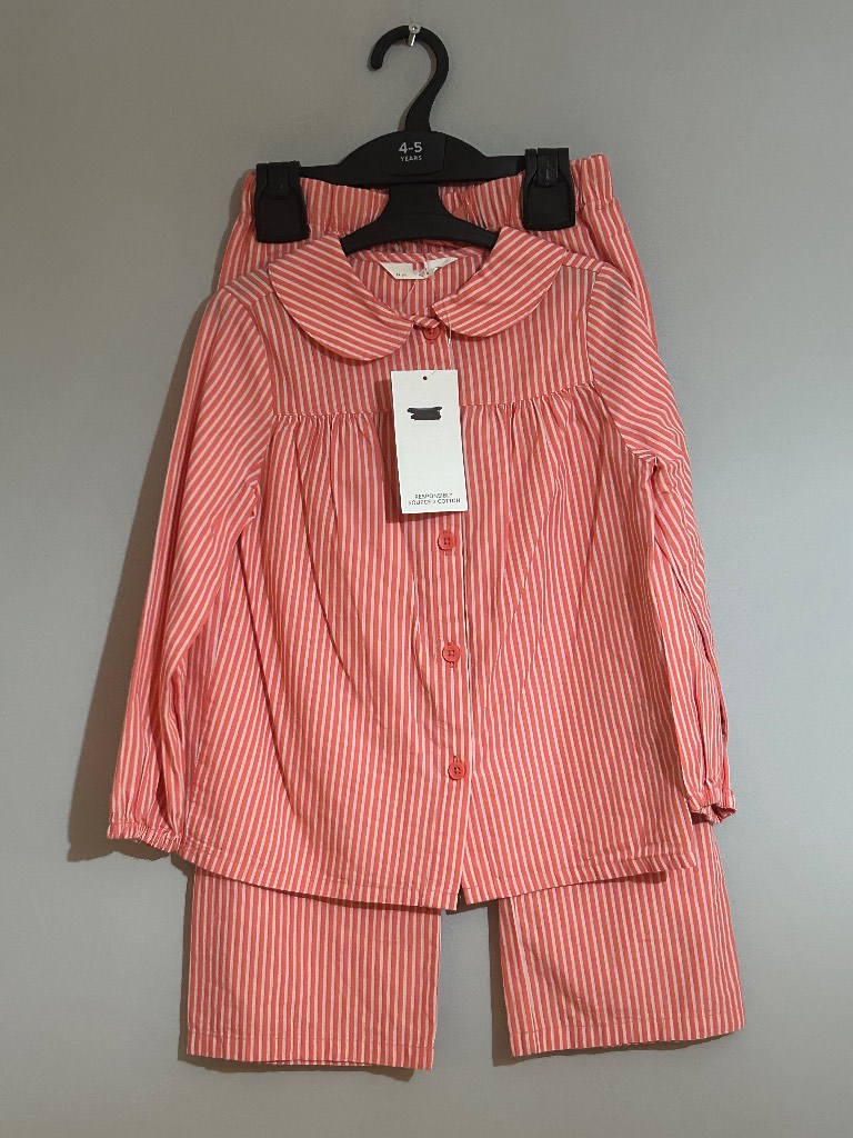 4-5 - M&S Pure Cotton Striped Collared Pyjamas Two-piece Set Coral