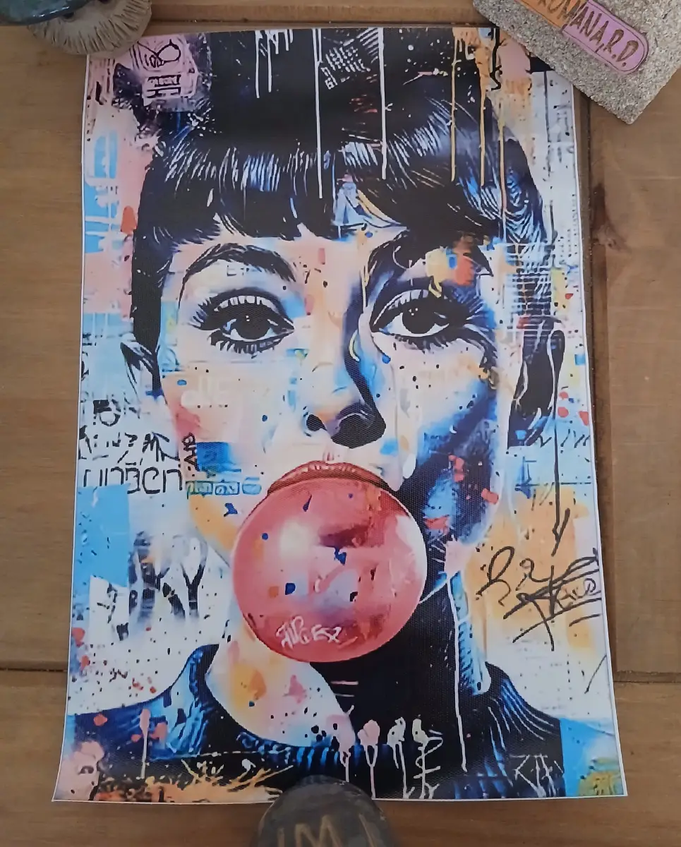 New Audrey Hepburn blowing bubblegum print