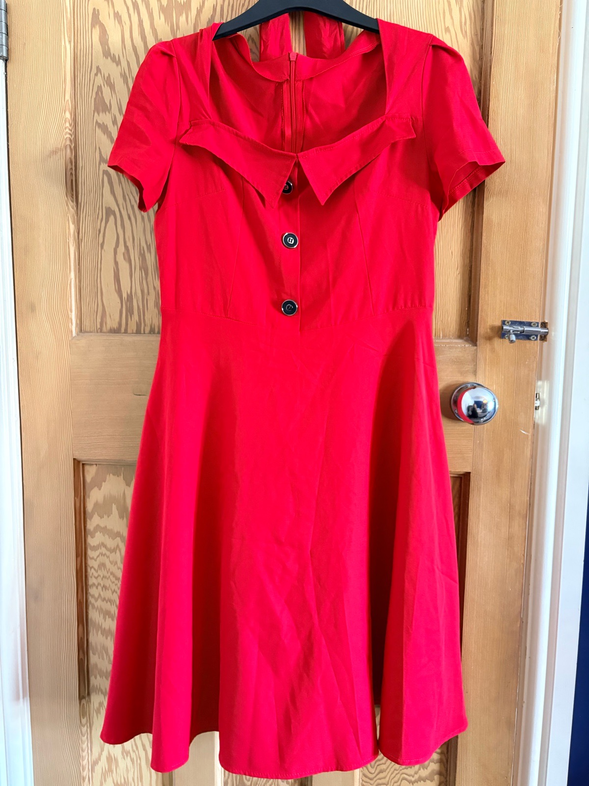 Women’s Red Vintage Inspired 1950’s Swing Party Dress Cap Sleeve Buttons Size L