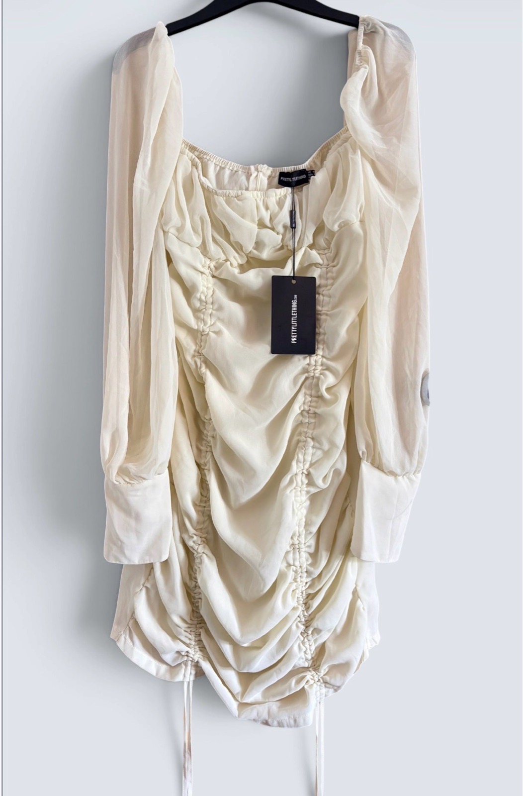 Pretty little Thing Cream Bodycon Chiffon Dress Zip Back Adjustable Length Uk 12