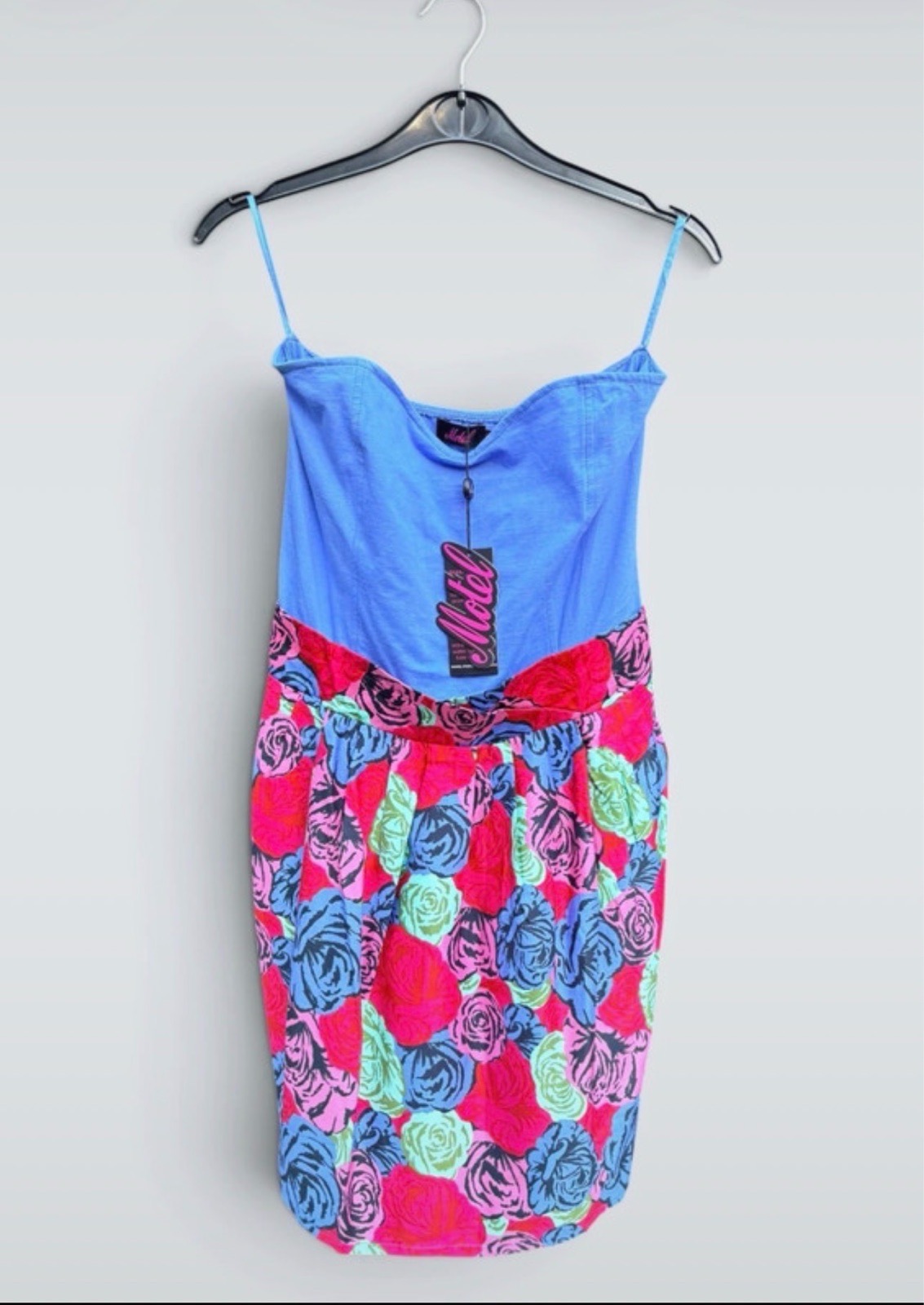 Motel Rocks Blue Floral Strapless Bodycon Dress Stretch Size L retro party holiday summer