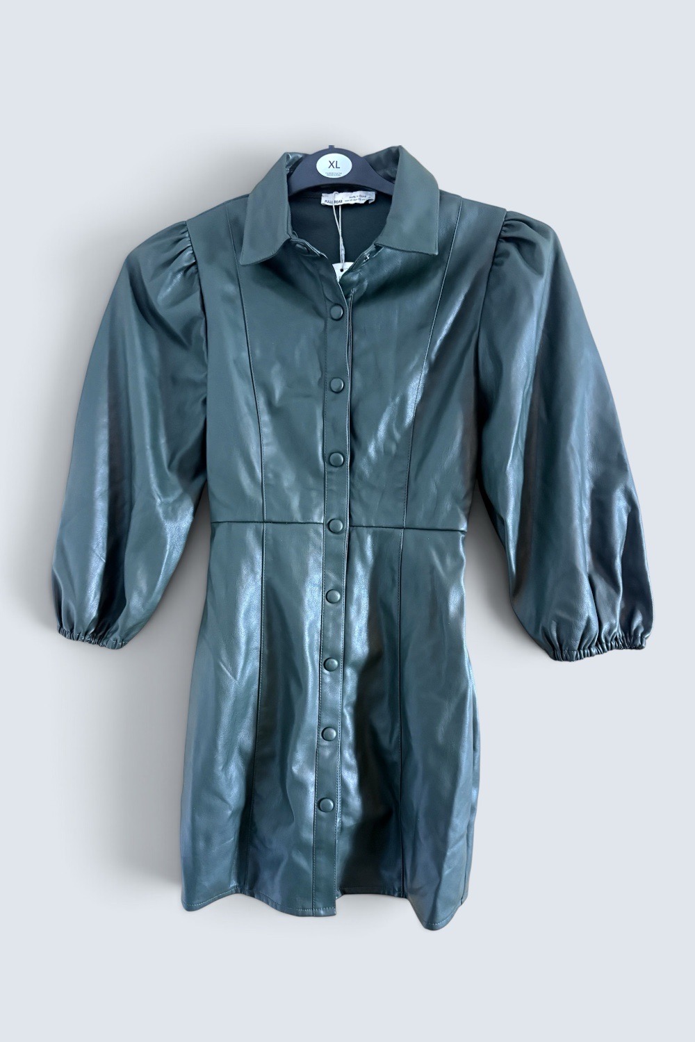 Pull and Bear Leather Look Dark Teal Buttoned Mini Dress Size XS New With Tags