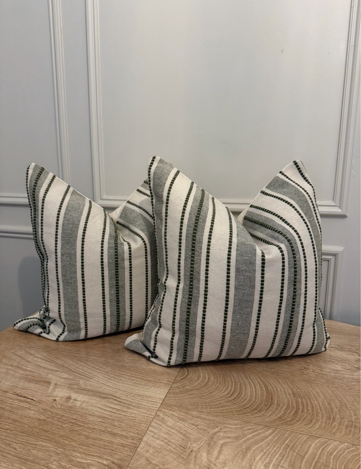 2pk olive green striped cushion covers 45cm x 45cm