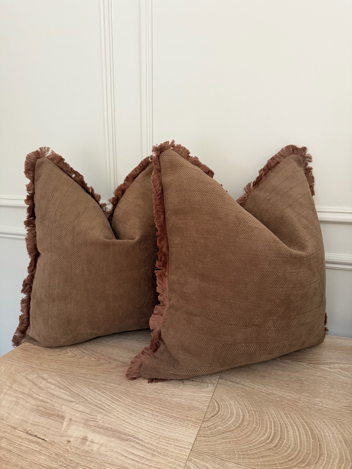 Set of 2 dark brown fringe cushion covers