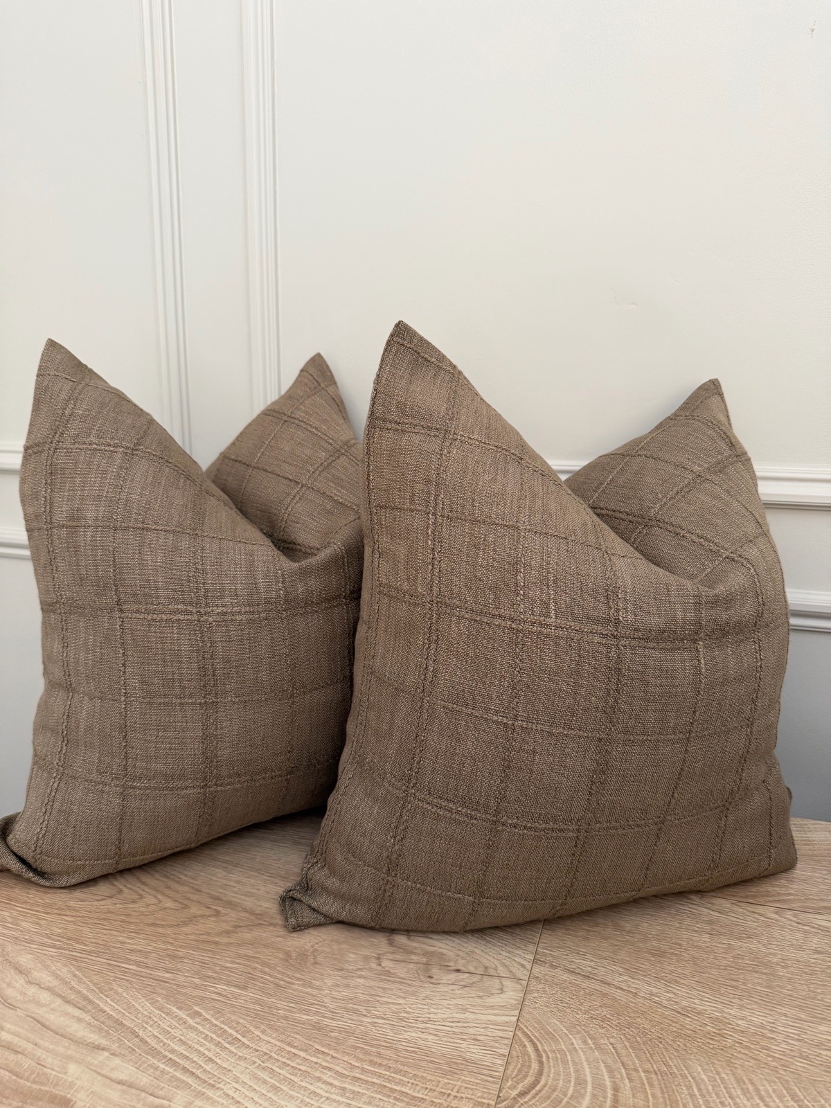 Brown check textured linen feel cushion covers 2pk