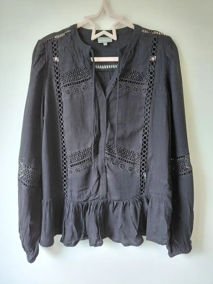 Size 8 Oliver Bonus black crochet detailed long sleeve summer boho style tunic top blouse