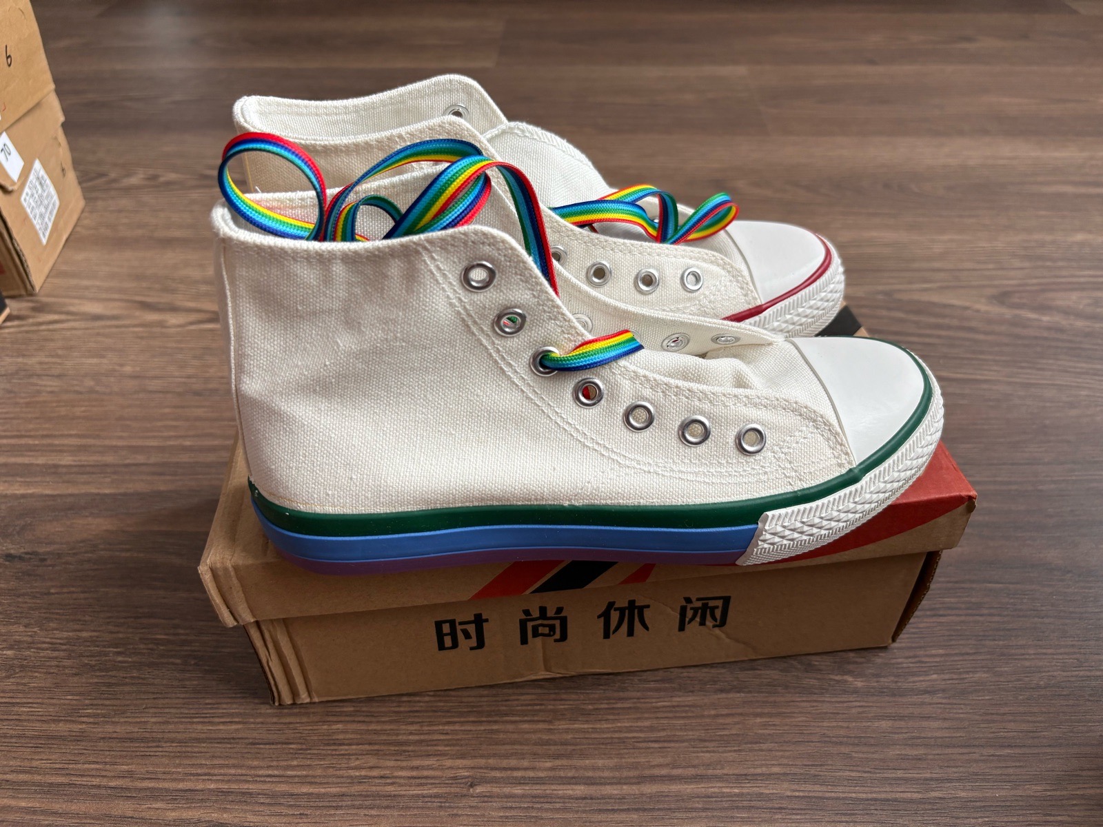 Whote/Rainbow canvas hitop trainers uk size 4