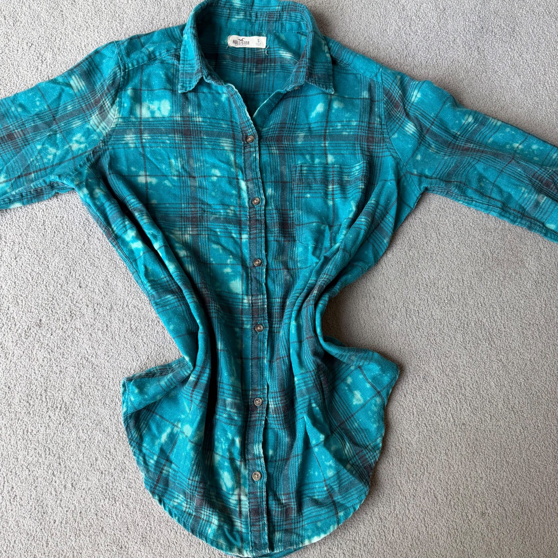 Hollister Women’s Flannel Shirt Size S Teal Blue Check Plaid Long Sleeve