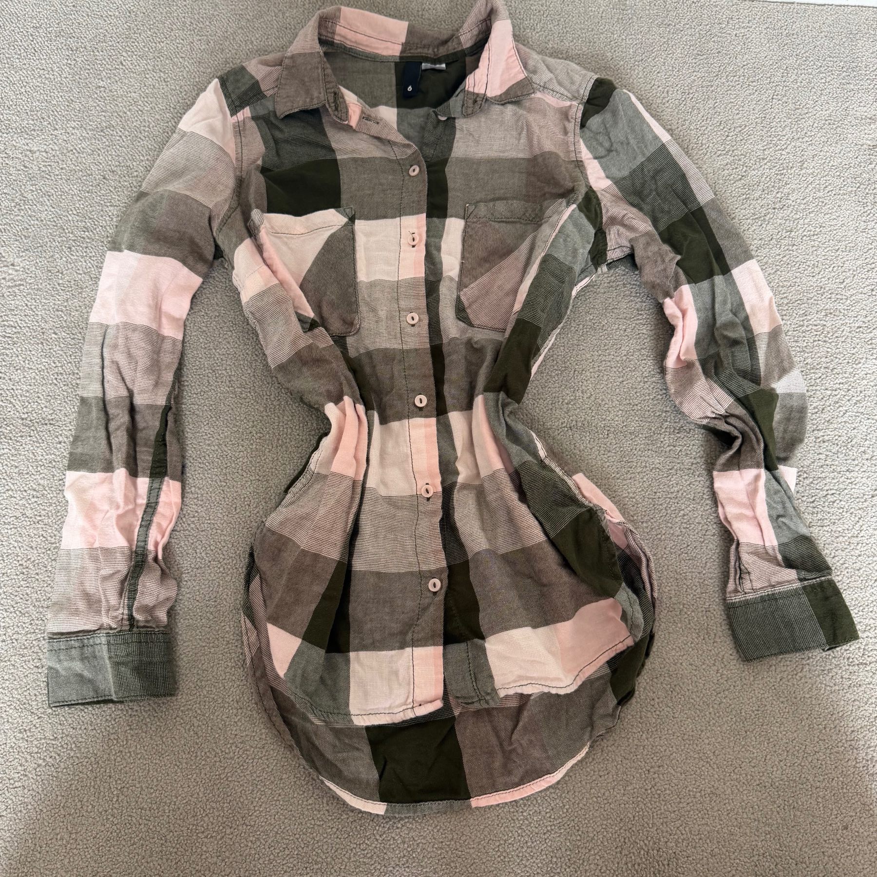 H&M Womens Hooded Check Shirt UK 6 Pink Grey Long Sleeve Button Up Overshirt