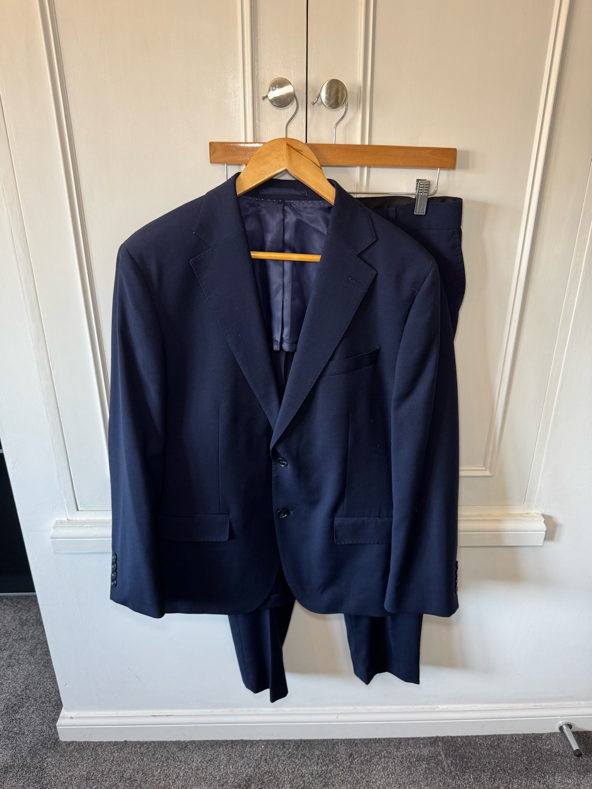 Moss 1851 2 Piece Navy Suit 42 Short 32 Waist Wool Blend Single Brested Wedding