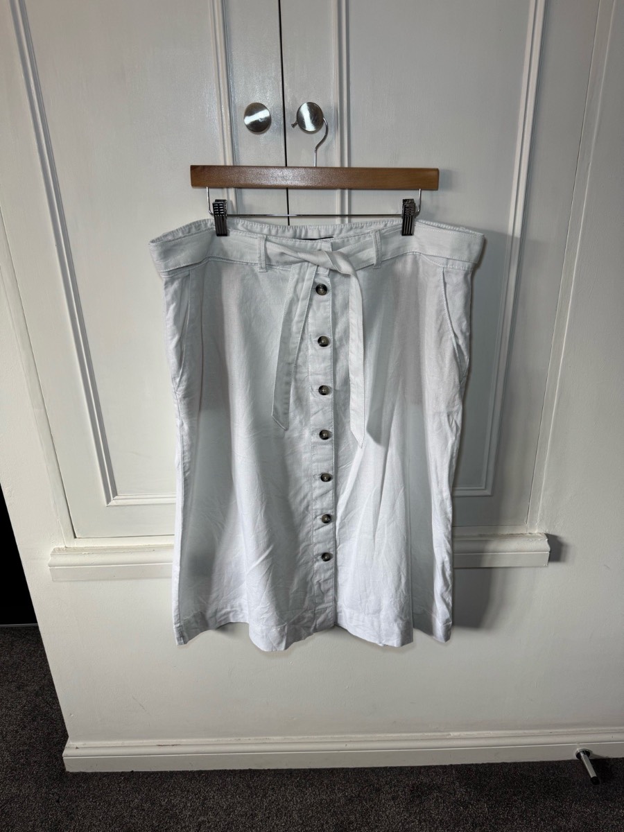 Marks And Spencer White Linen Skirt Size 20 Button Up Front Drawstring Pockets