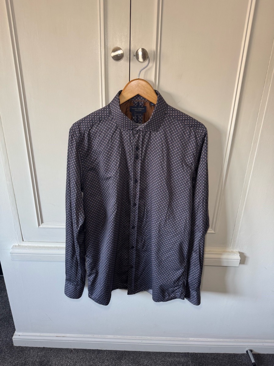 Guide London Navy / Tan Geometric Long Sleeve Cotton Shirt XL Slim Fit