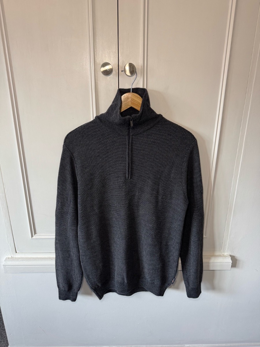 Re Del Mare 1/4 Zip Grey Jumper Wool Blend Waffle Long Sleeve Slim Fit