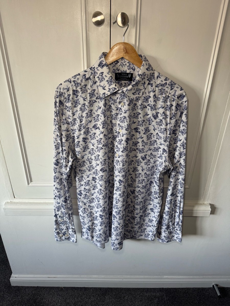 New & Lingwood Cotton Shirt Mens 16.5" Regular Fit White Floral Bird Pattern