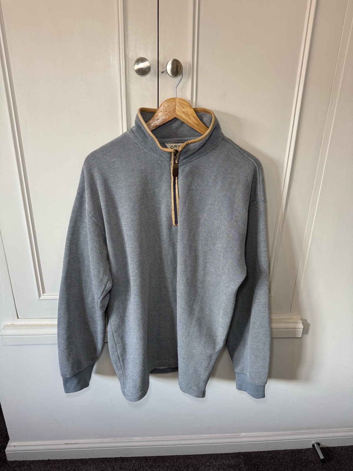 Orvis Large Grey Quarter Zip Mock Neck Elbow Patch Knit Pullover Cotton Leather
